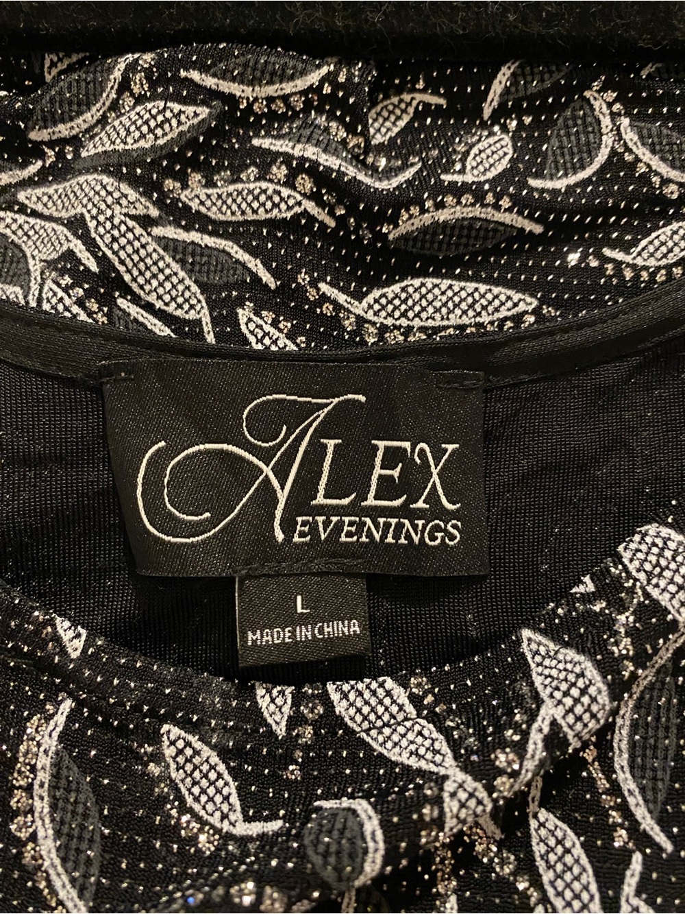 Alex Evenings Black Silver Glitter Brocade Foil Print Shell Size L - Picture 2 of 6